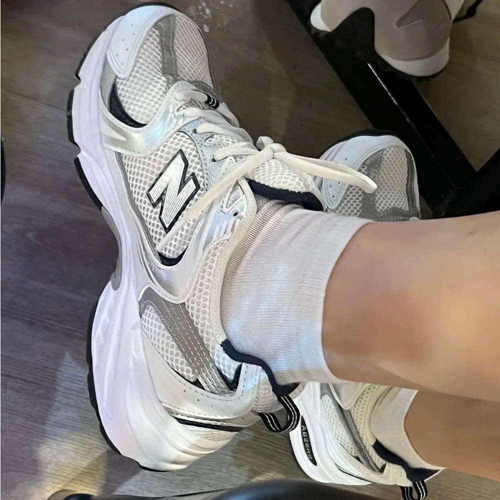 New Balance White and Silver Athletic Sneakers